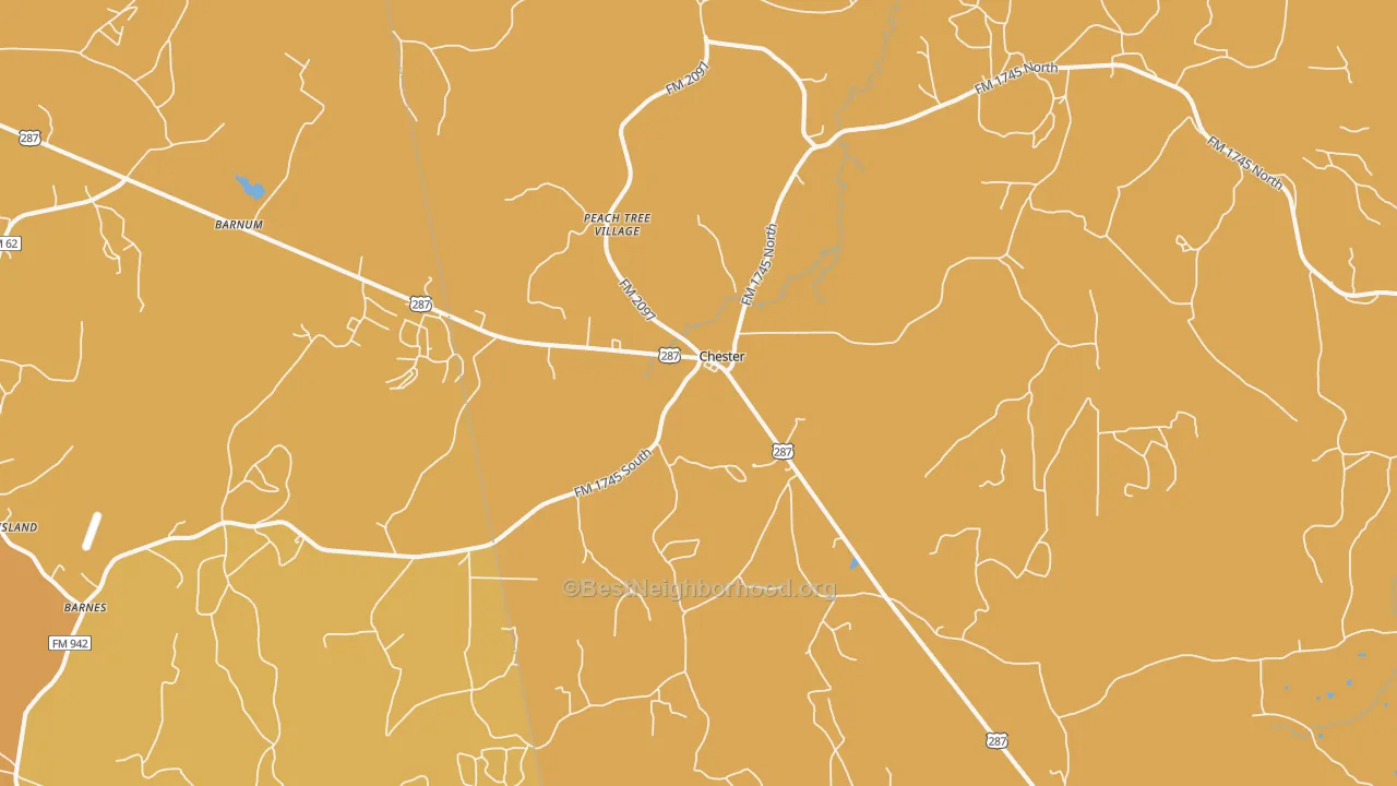 Map of the best neighborhoods in the 75936 area, with better matches in green and worse matches in red