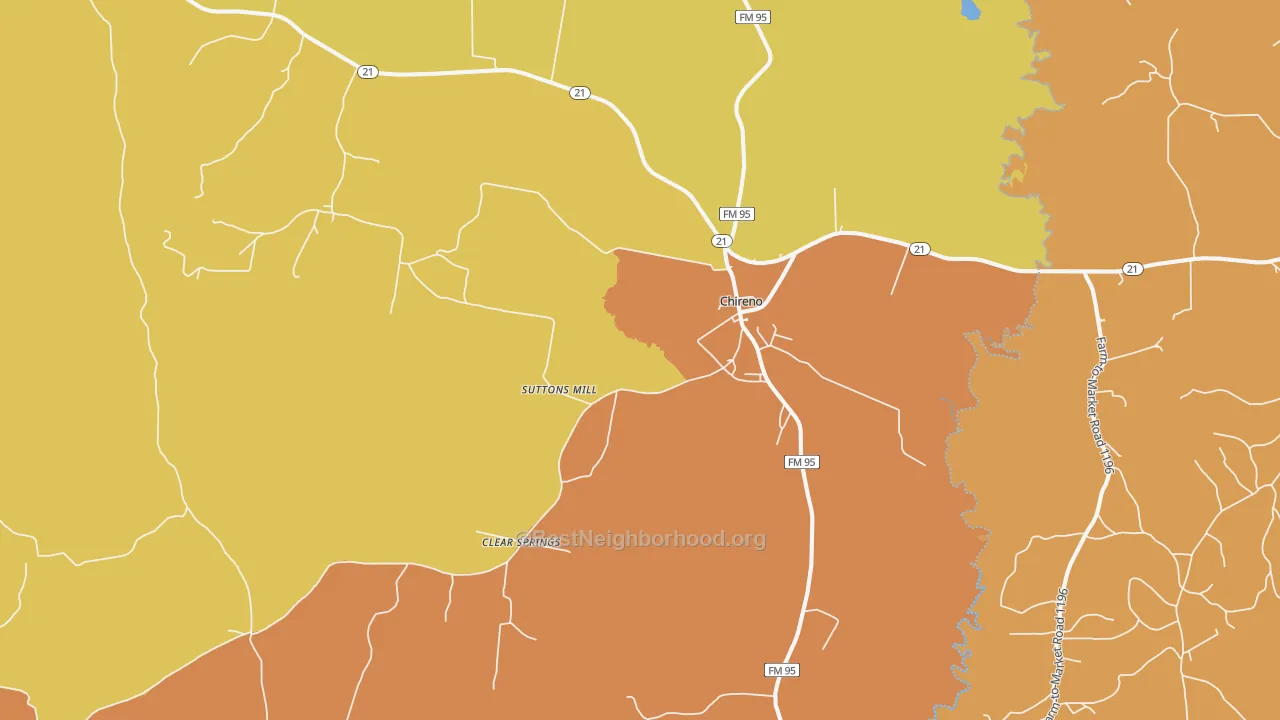 Map of the best neighborhoods in the 75937 area, with better matches in green and worse matches in red