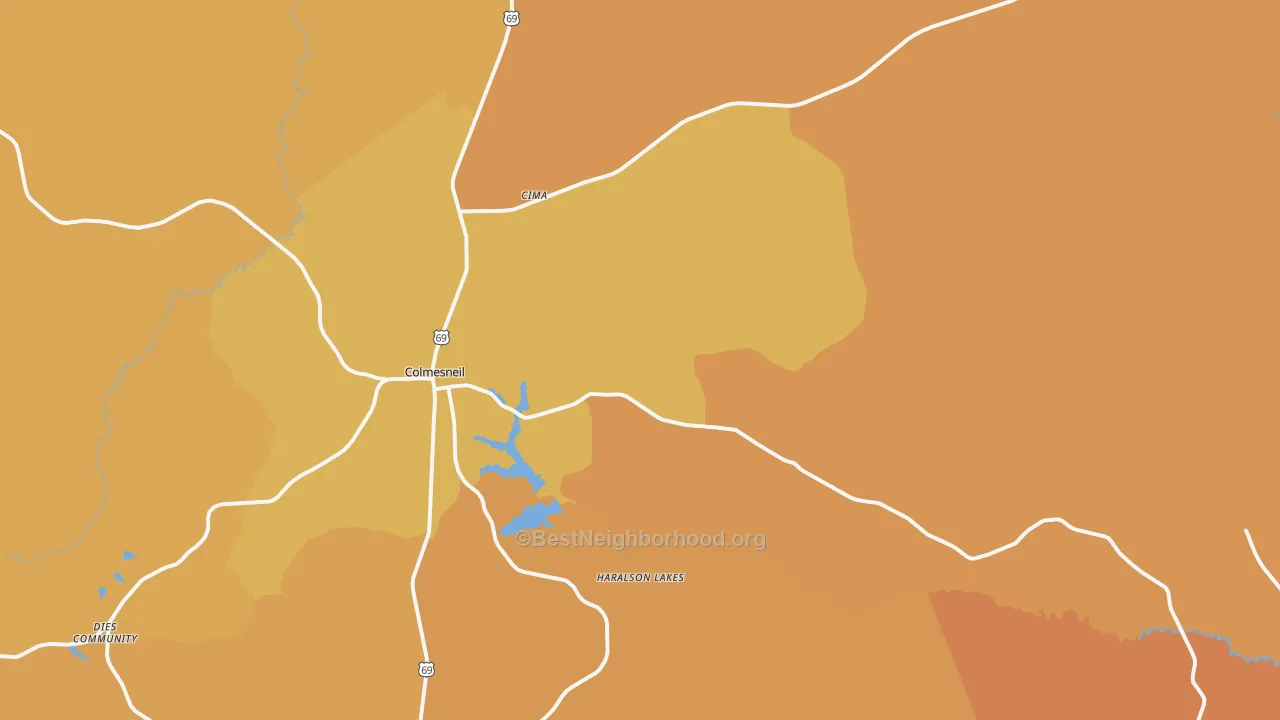 Map of the best neighborhoods in the 75938 area, with better matches in green and worse matches in red