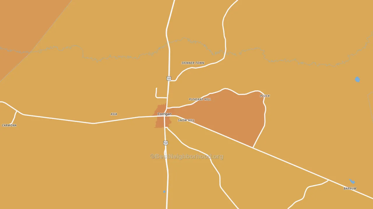 Map of the best neighborhoods in the 75939 area, with better matches in green and worse matches in red