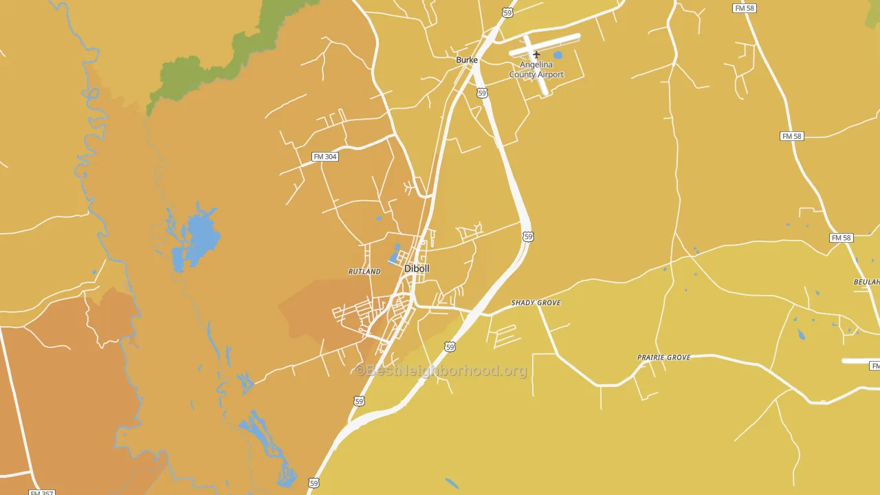 Map of the best neighborhoods in the 75941 area, with better matches in green and worse matches in red
