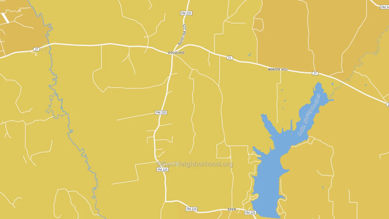 Map of the best neighborhoods in the 75943 area, with better matches in green and worse matches in red