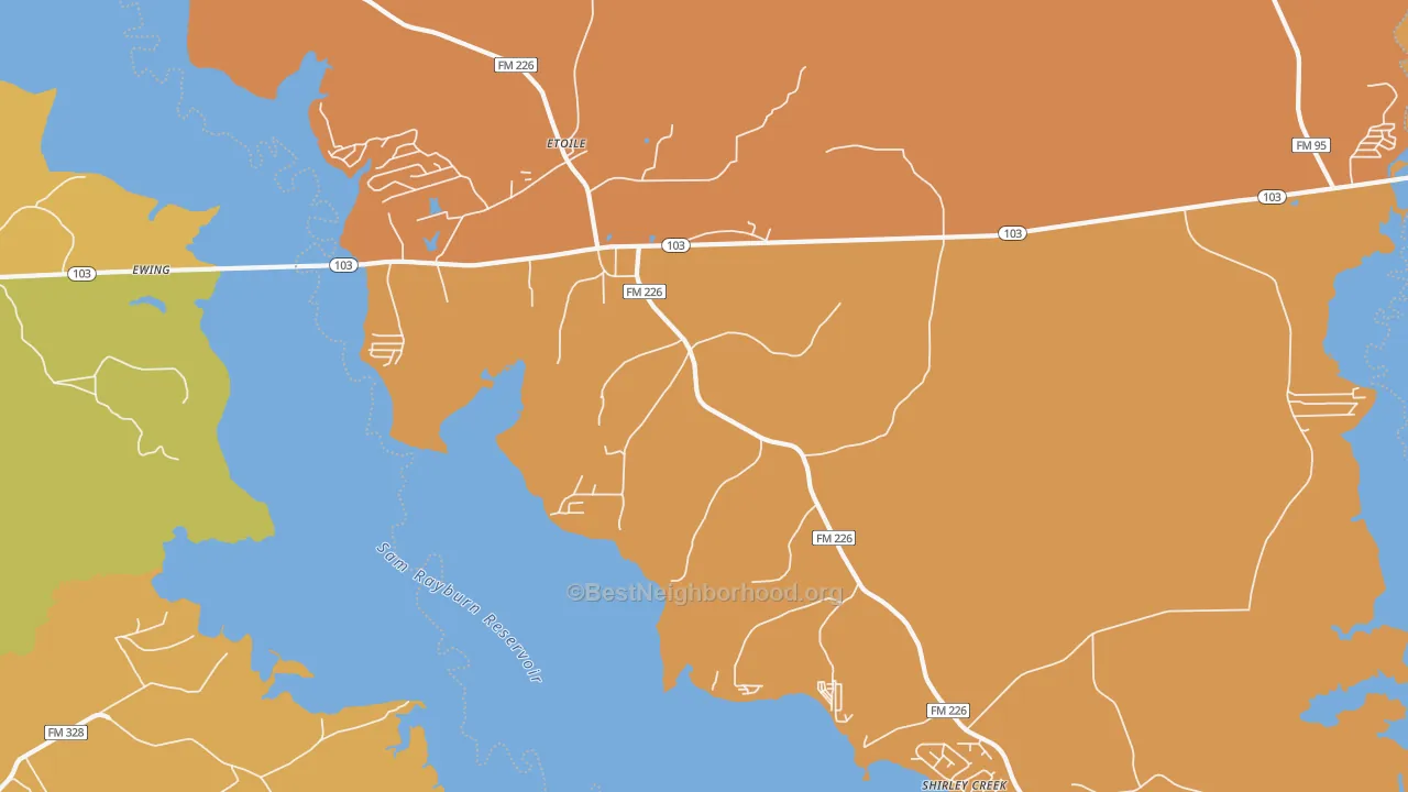 Map of the best neighborhoods in the 75944 area, with better matches in green and worse matches in red