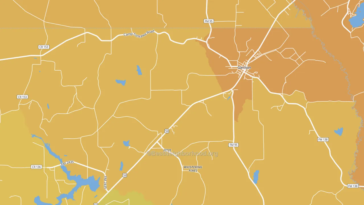 Map of the best neighborhoods in the 75946 area, with better matches in green and worse matches in red
