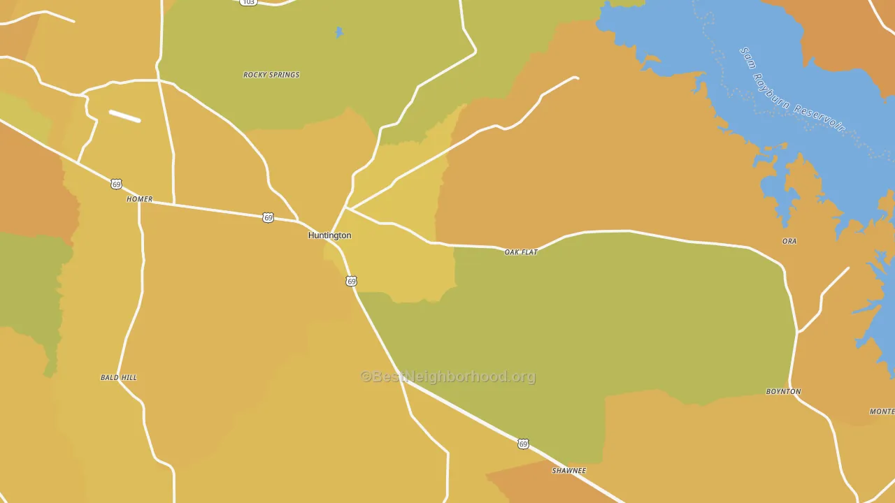 Map of the best neighborhoods in the 75949 area, with better matches in green and worse matches in red