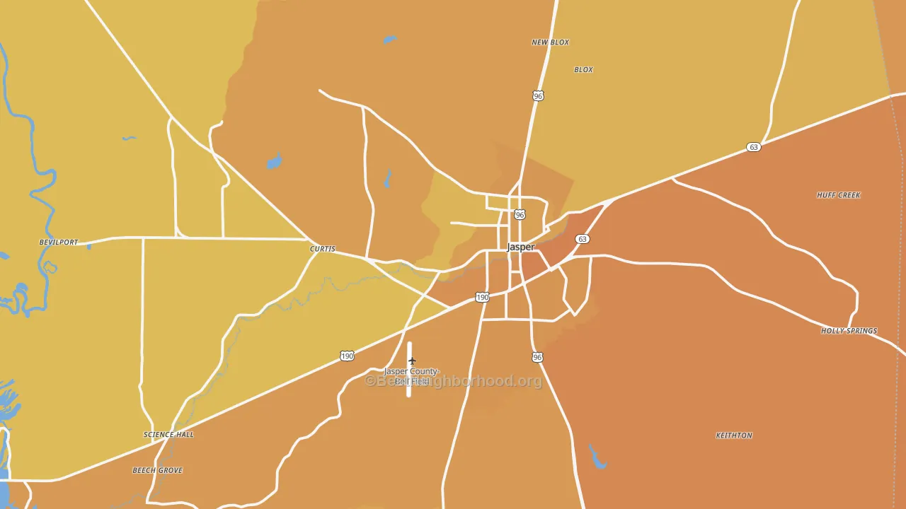Map of the best neighborhoods in the 75951 area, with better matches in green and worse matches in red