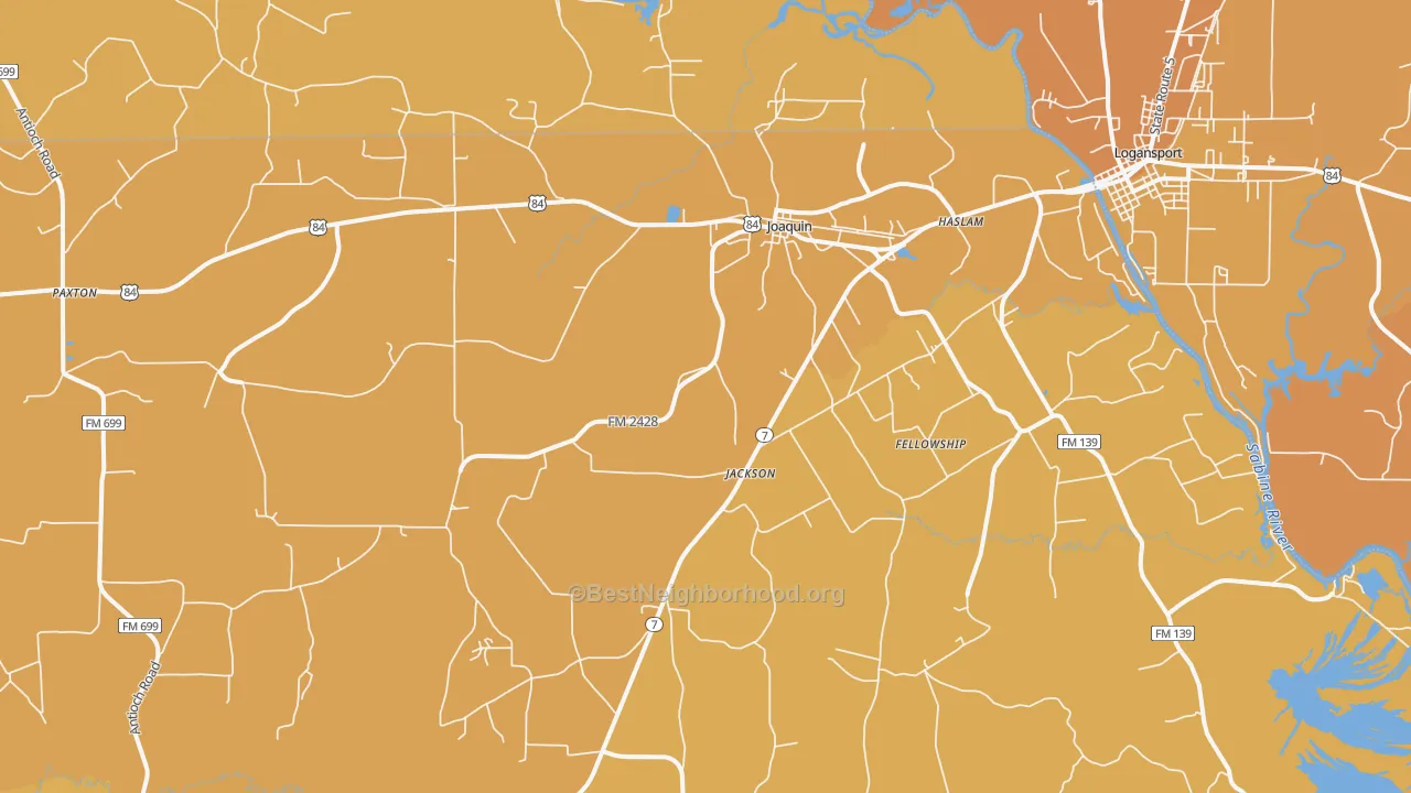 Map of the best neighborhoods in the 75954 area, with better matches in green and worse matches in red