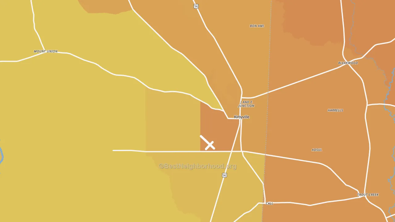 Map of the best neighborhoods in the 75956 area, with better matches in green and worse matches in red