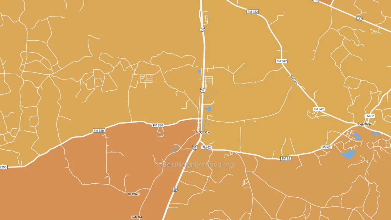 Map of the best neighborhoods in the 75960 area, with better matches in green and worse matches in red