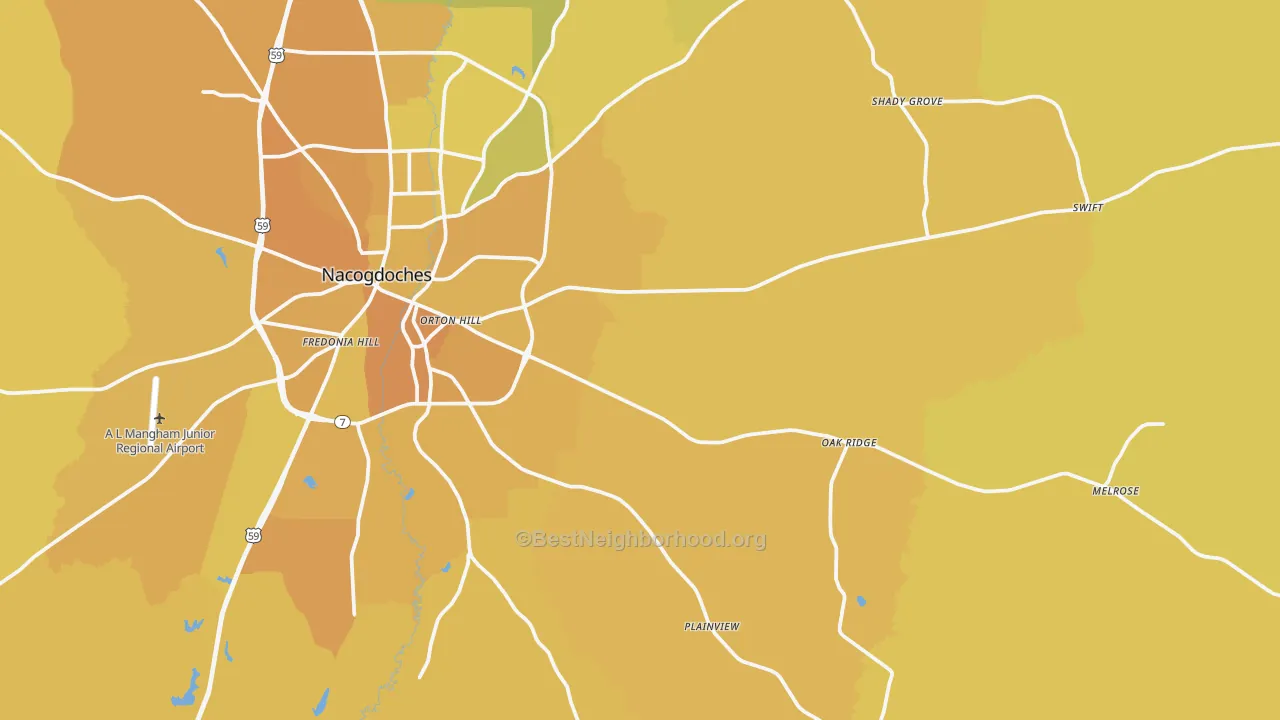Map of the best neighborhoods in the 75961 area, with better matches in green and worse matches in red