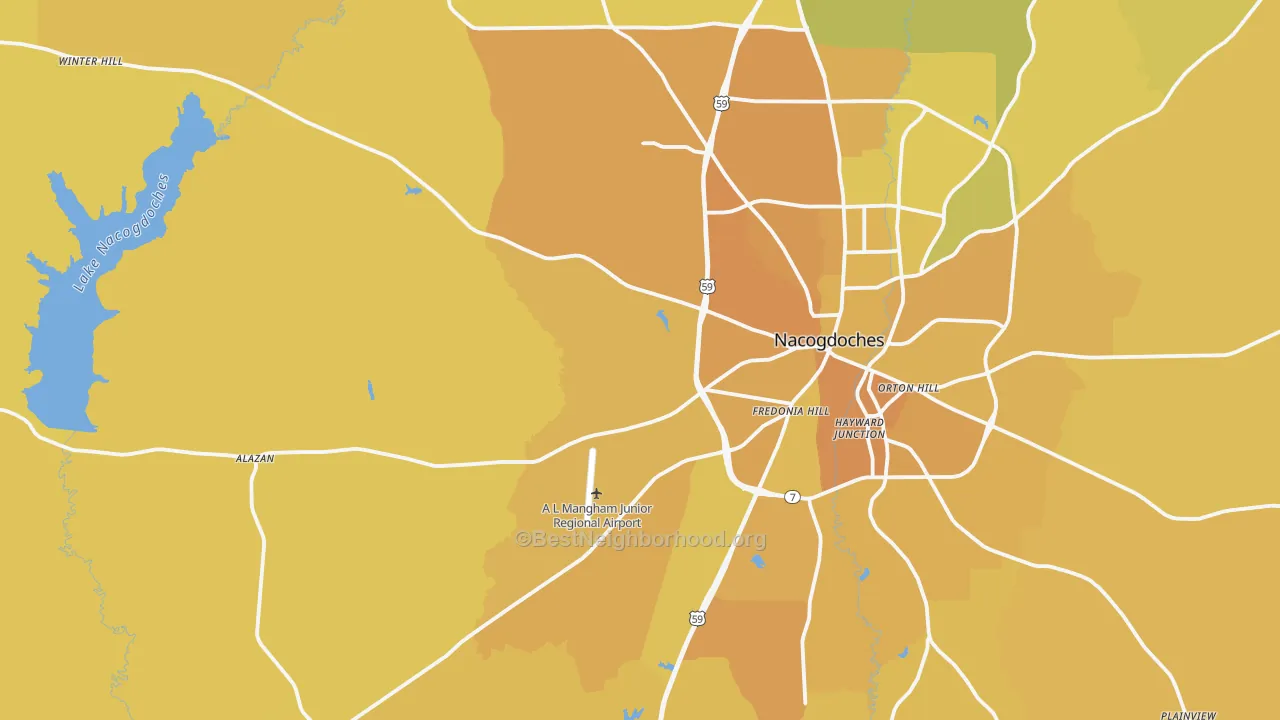 Map of the best neighborhoods in the 75964 area, with better matches in green and worse matches in red