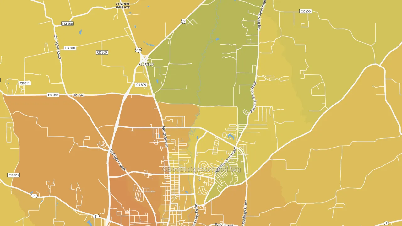 Map of the best neighborhoods in the 75965 area, with better matches in green and worse matches in red
