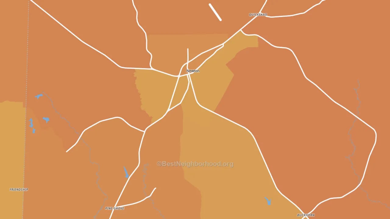 Map of the best neighborhoods in the 75966 area, with better matches in green and worse matches in red