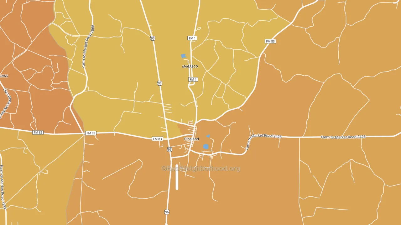 Map of the best neighborhoods in the 75968 area, with better matches in green and worse matches in red