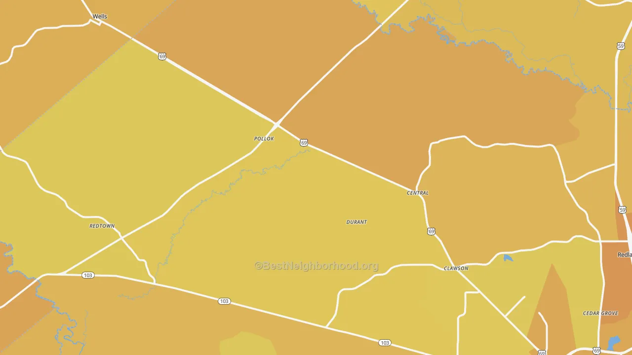 Map of the best neighborhoods in the 75969 area, with better matches in green and worse matches in red