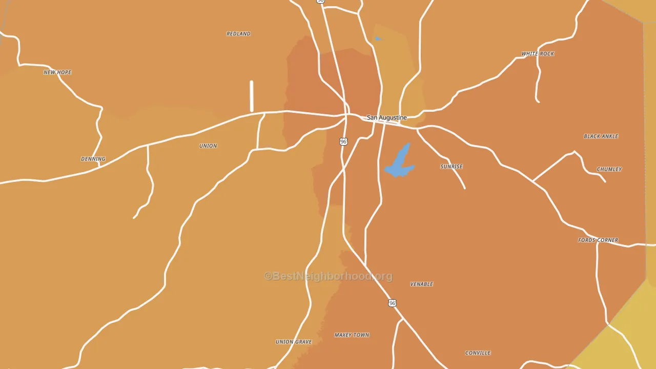Map of the best neighborhoods in the 75972 area, with better matches in green and worse matches in red