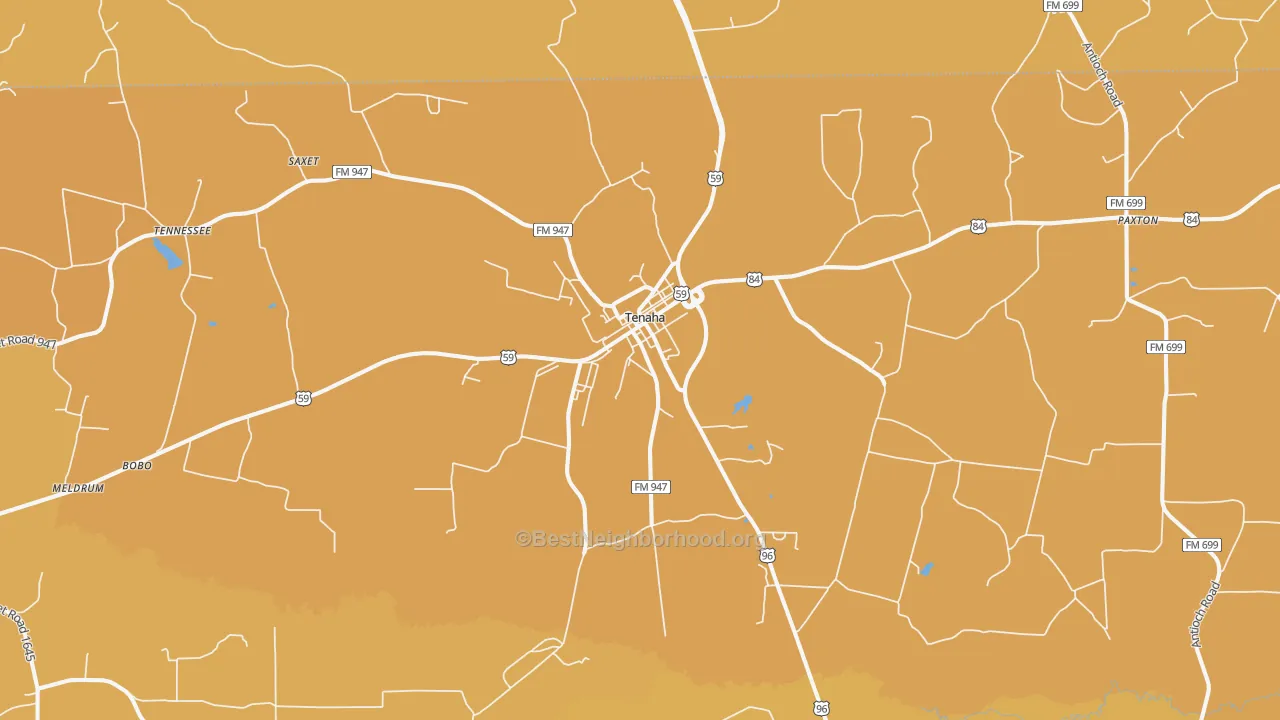 Map of the best neighborhoods in the 75974 area, with better matches in green and worse matches in red