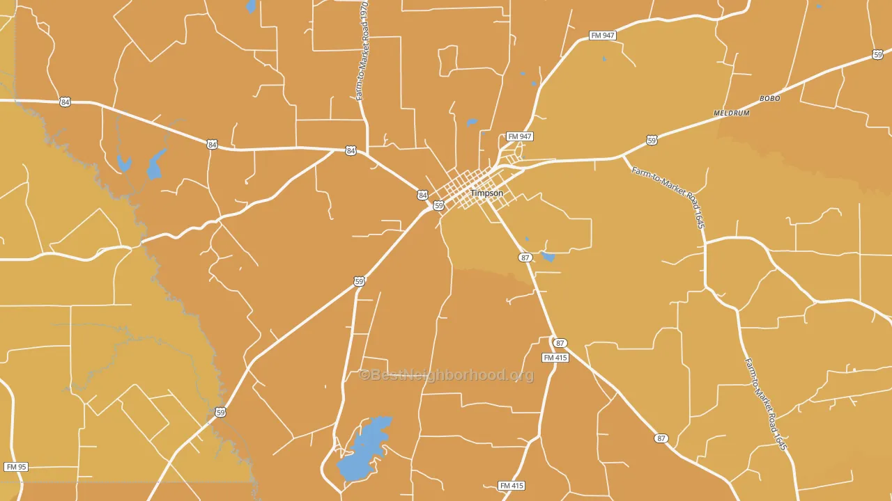 Map of the best neighborhoods in the 75975 area, with better matches in green and worse matches in red
