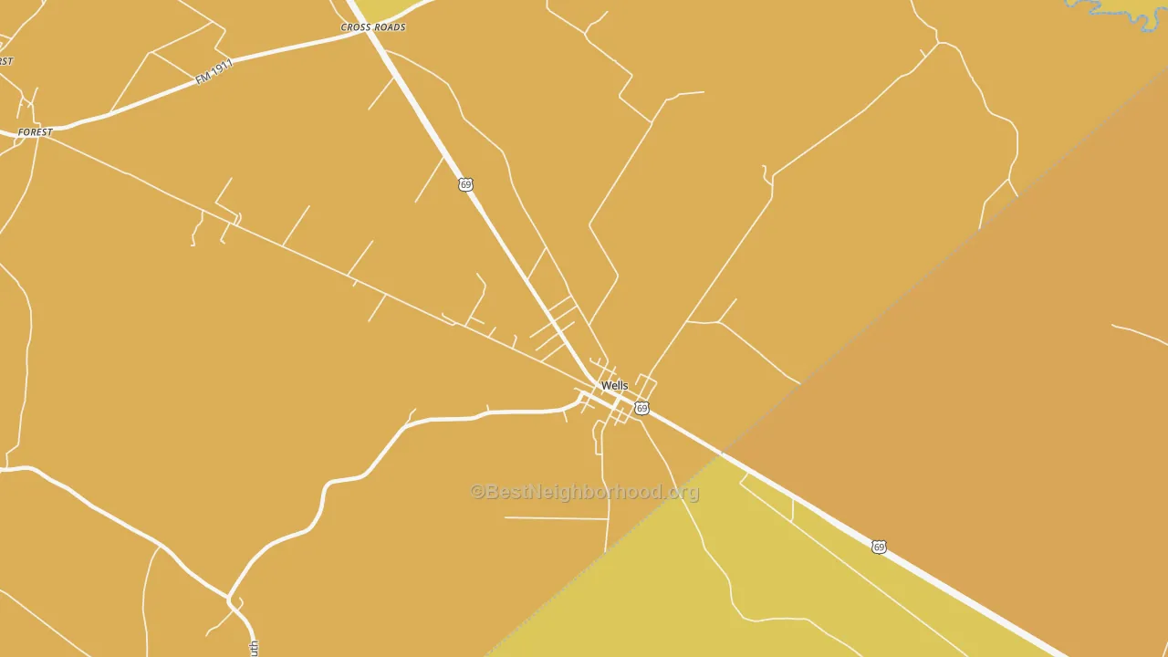 Map of the best neighborhoods in the 75976 area, with better matches in green and worse matches in red