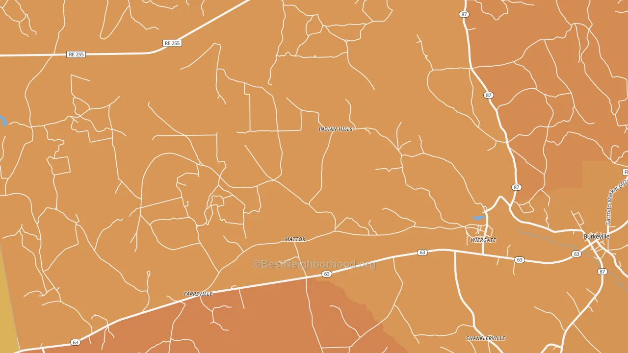 Map of the best neighborhoods in the 75977 area, with better matches in green and worse matches in red