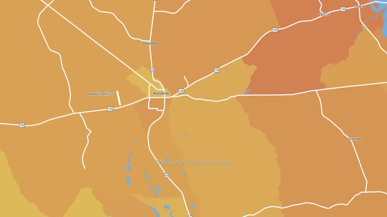 Map of the best neighborhoods in the 75979 area, with better matches in green and worse matches in red