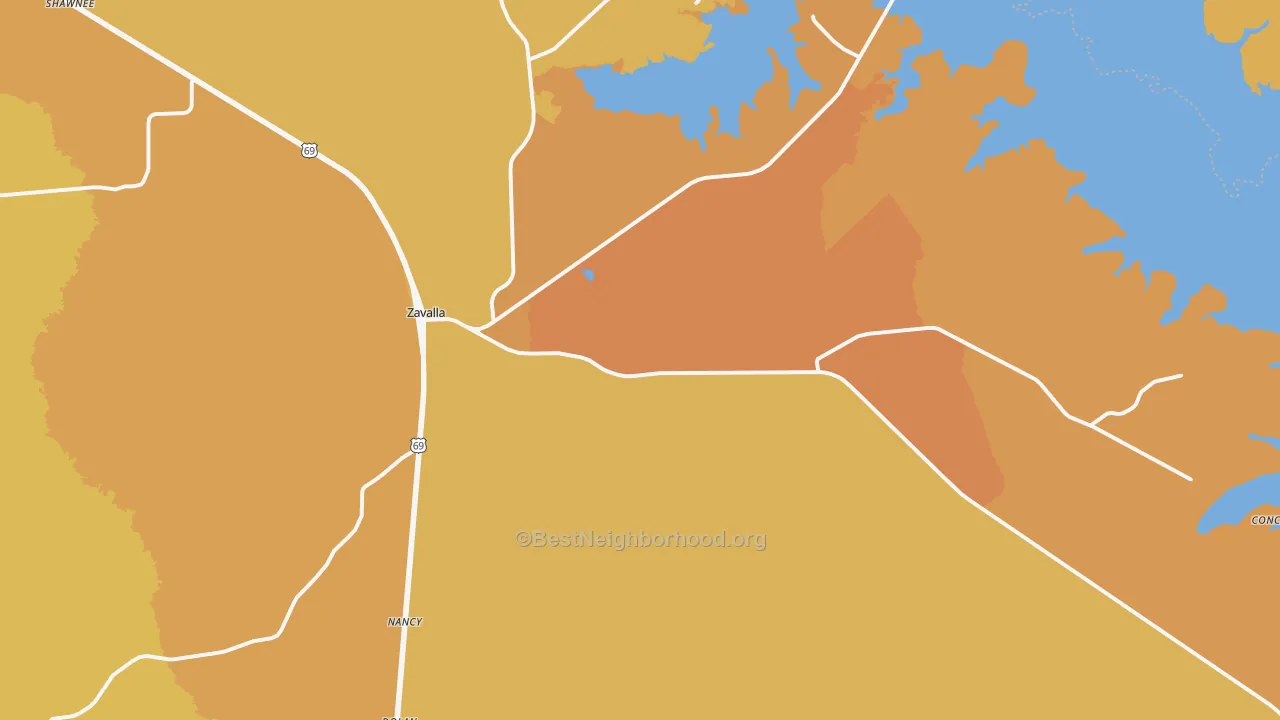 Map of the best neighborhoods in the 75980 area, with better matches in green and worse matches in red