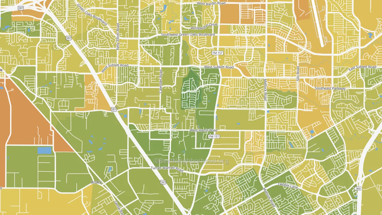 Map of the best neighborhoods in the 76001 area, with better matches in green and worse matches in red