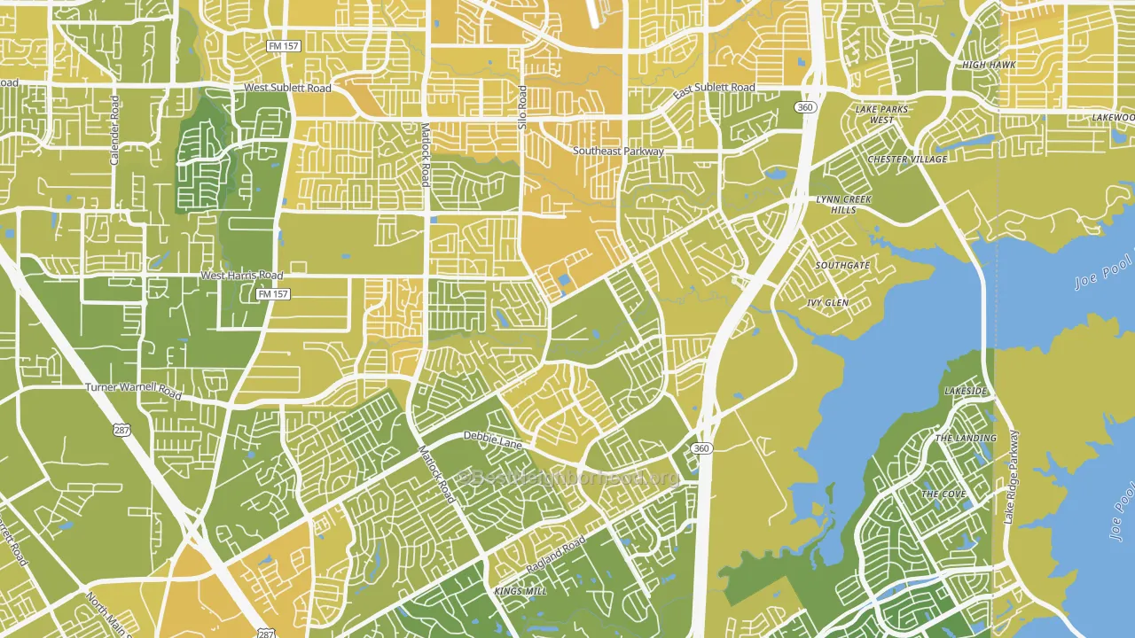 Map of the best neighborhoods in the 76002 area, with better matches in green and worse matches in red