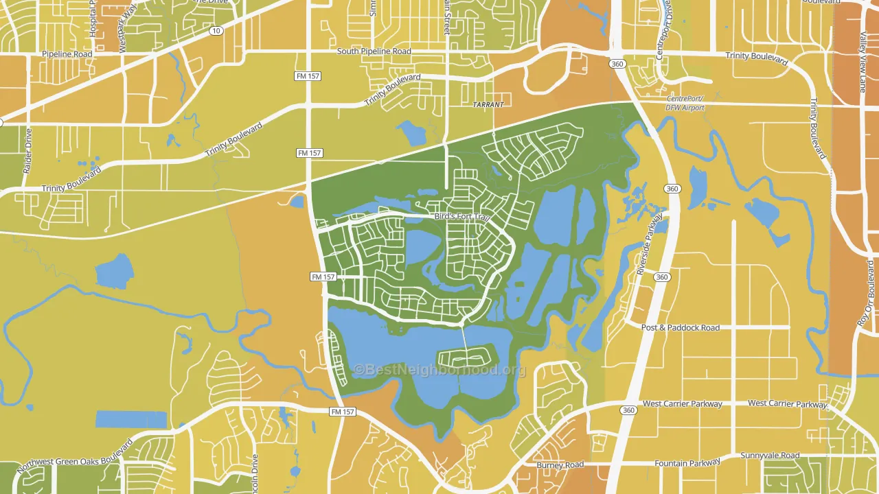 Map of the best neighborhoods in the 76005 area, with better matches in green and worse matches in red
