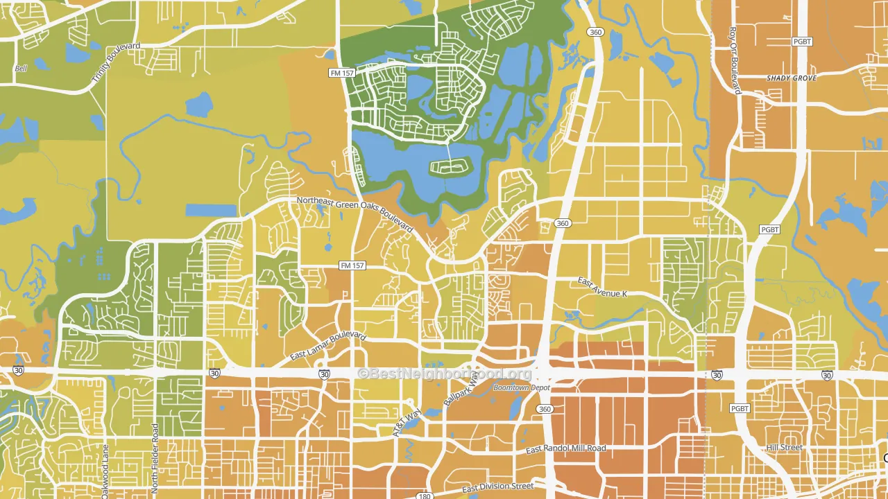 Map of the best neighborhoods in the 76006 area, with better matches in green and worse matches in red