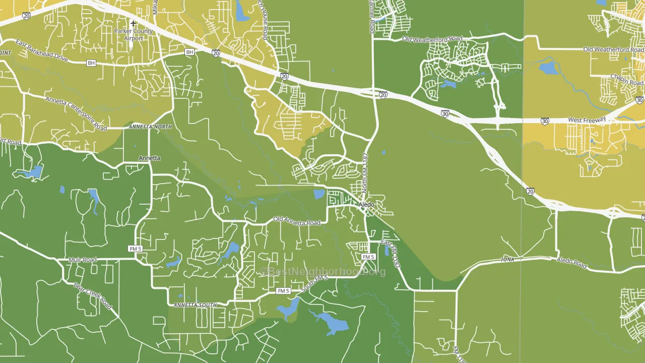 Map of the best neighborhoods in the 76008 area, with better matches in green and worse matches in red
