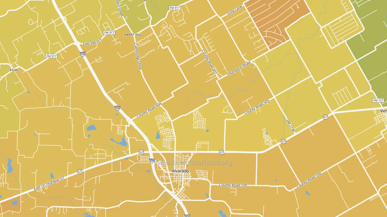 Map of the best neighborhoods in the 76009 area, with better matches in green and worse matches in red
