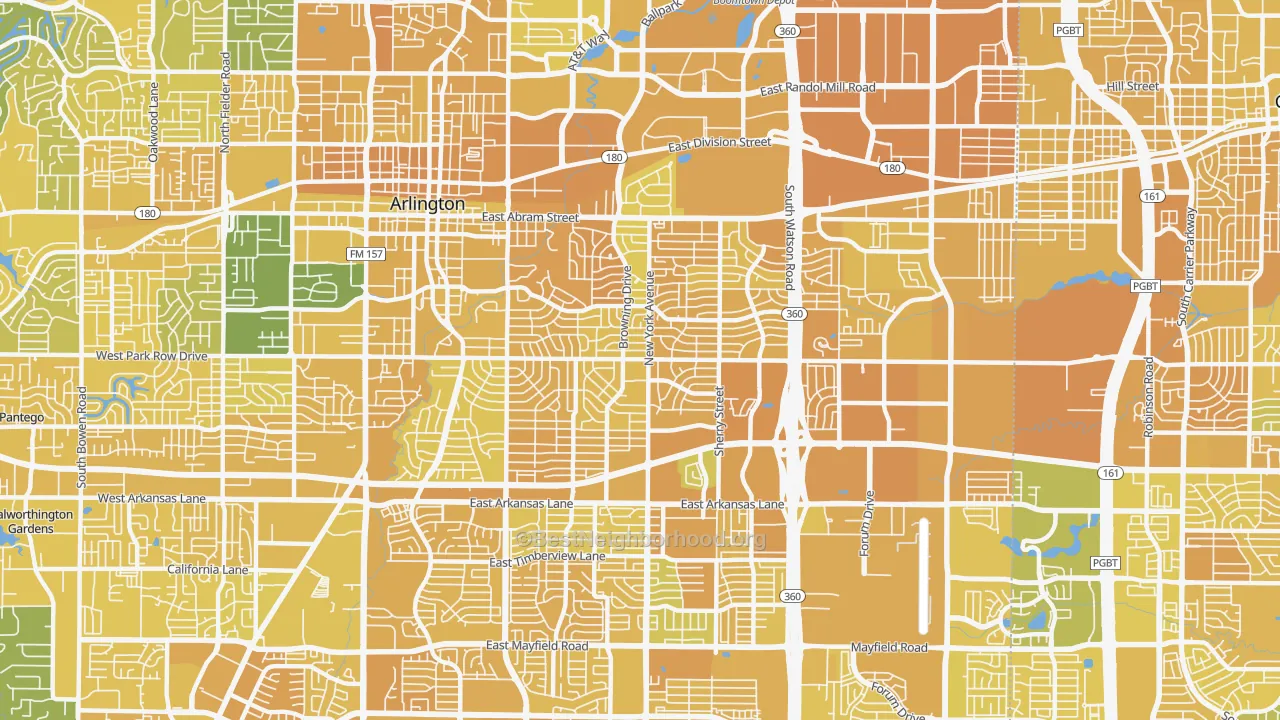Map of the best neighborhoods in the 76010 area, with better matches in green and worse matches in red