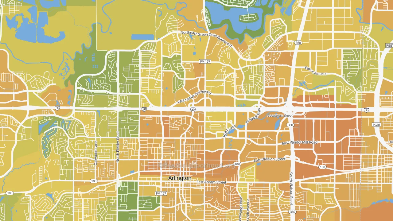 Map of the best neighborhoods in the 76011 area, with better matches in green and worse matches in red