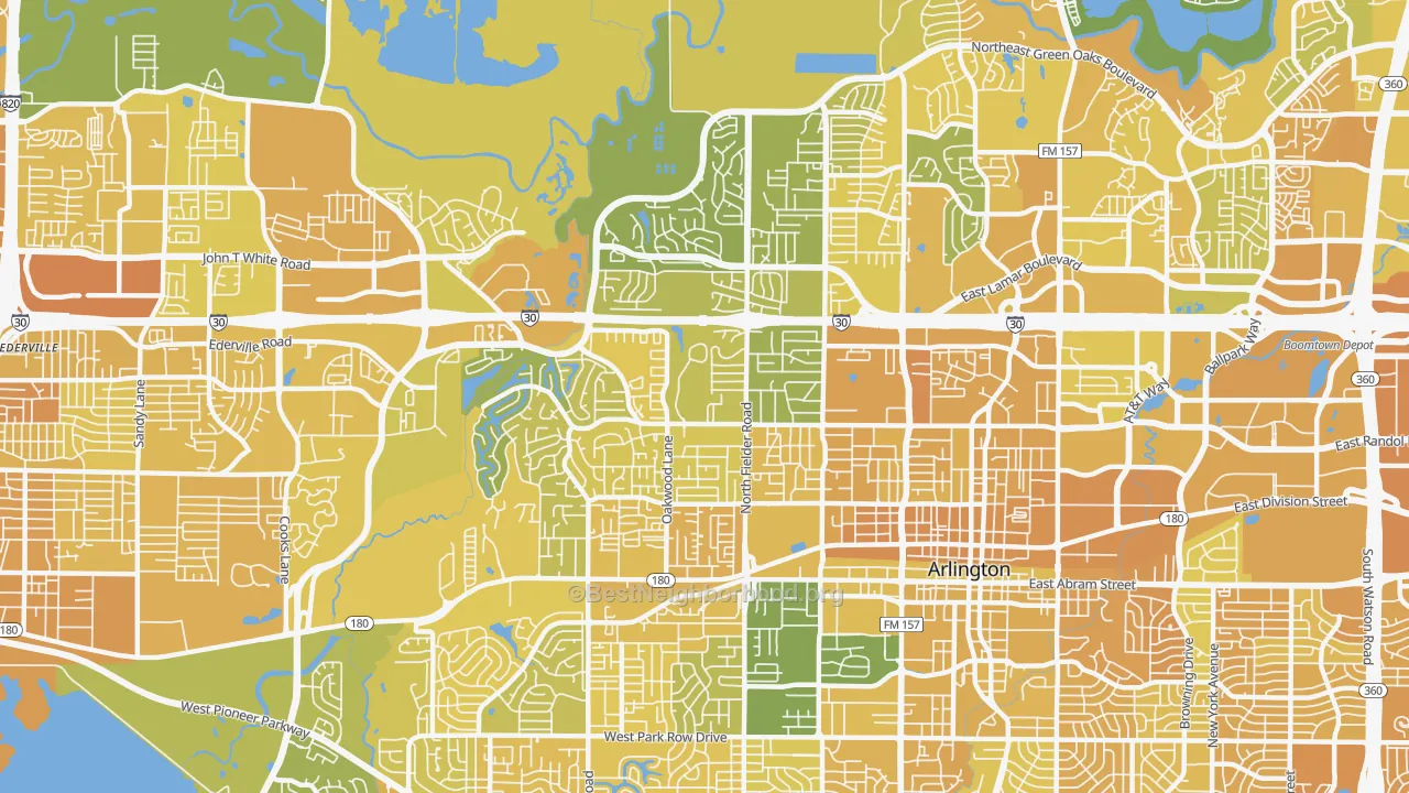 Map of the best neighborhoods in the 76012 area, with better matches in green and worse matches in red