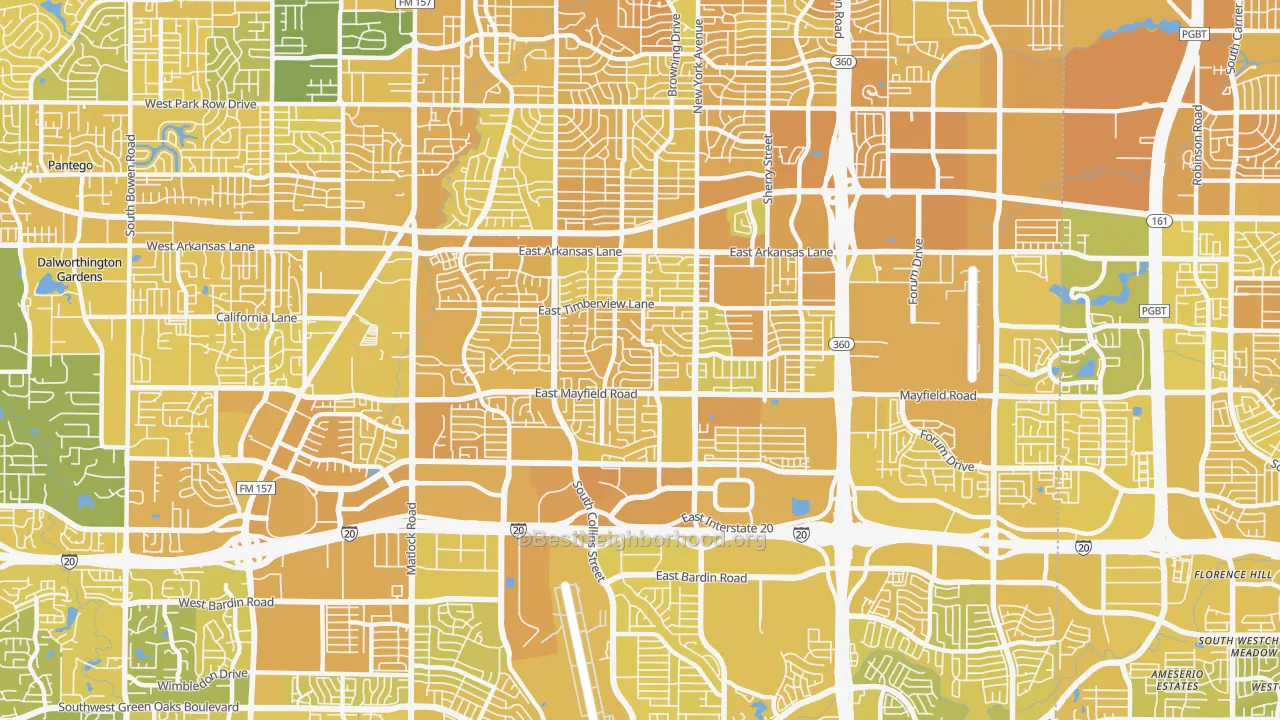 Map of the best neighborhoods in the 76014 area, with better matches in green and worse matches in red