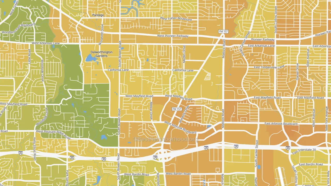 Map of the best neighborhoods in the 76015 area, with better matches in green and worse matches in red