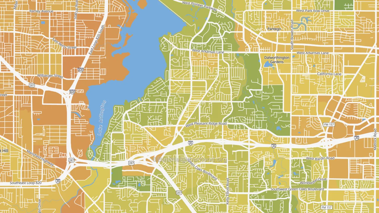 Map of the best neighborhoods in the 76016 area, with better matches in green and worse matches in red
