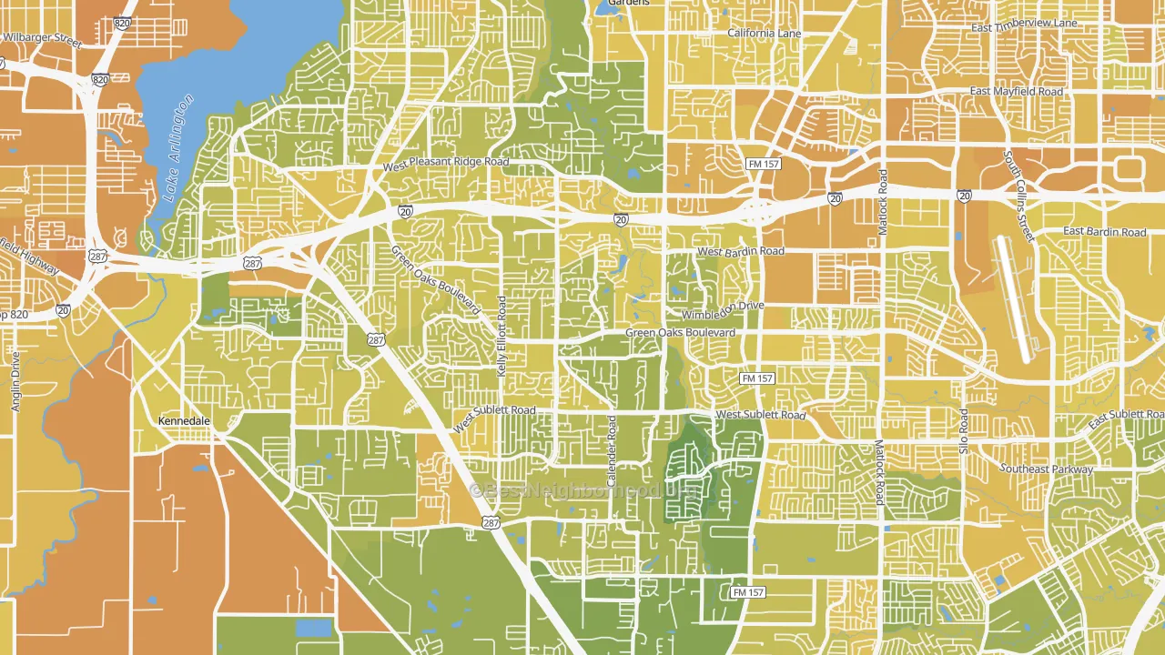 Map of the best neighborhoods in the 76017 area, with better matches in green and worse matches in red
