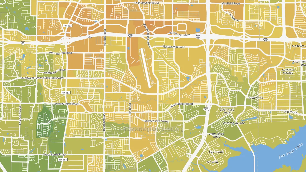 Map of the best neighborhoods in the 76018 area, with better matches in green and worse matches in red