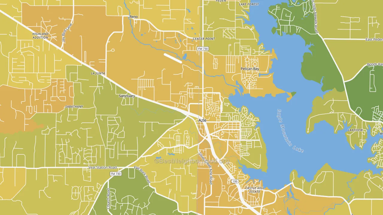 Map of the best neighborhoods in the 76020 area, with better matches in green and worse matches in red