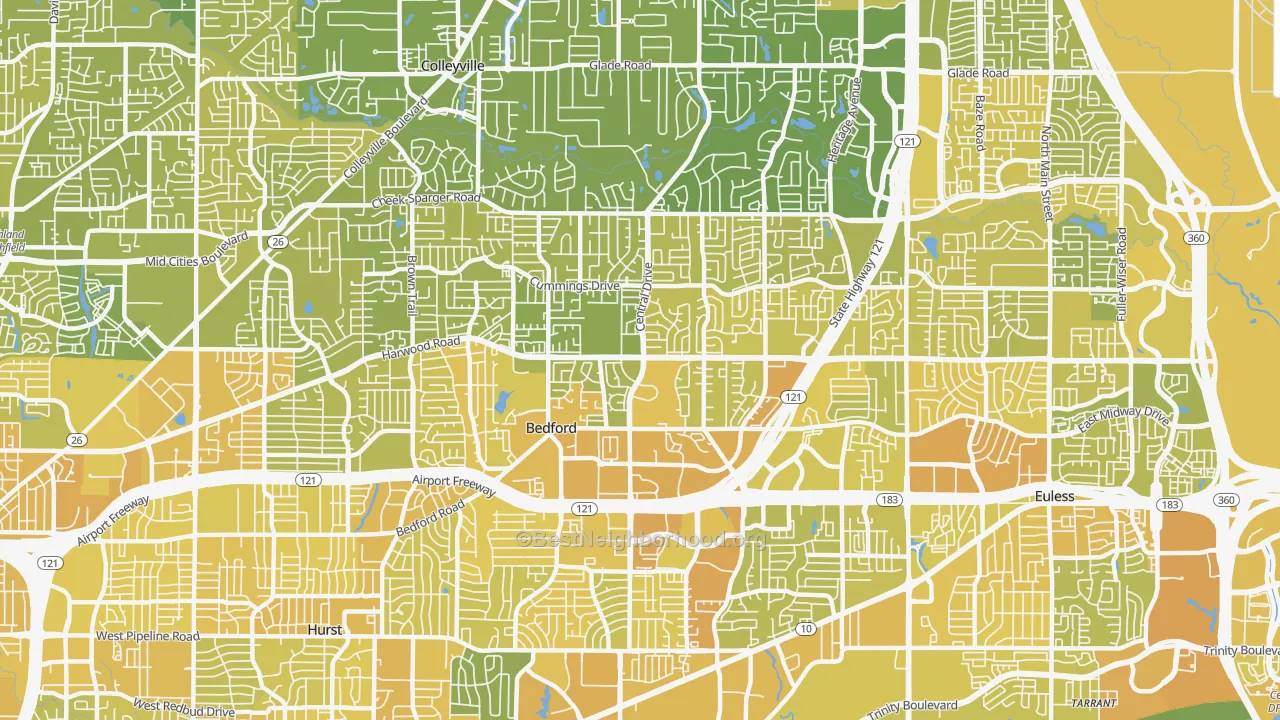 Map of the best neighborhoods in the 76021 area, with better matches in green and worse matches in red