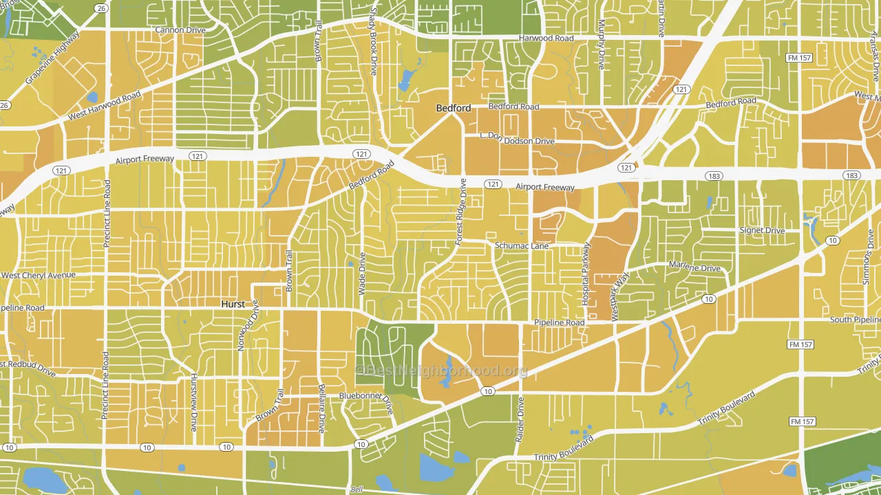 Map of the best neighborhoods in the 76022 area, with better matches in green and worse matches in red