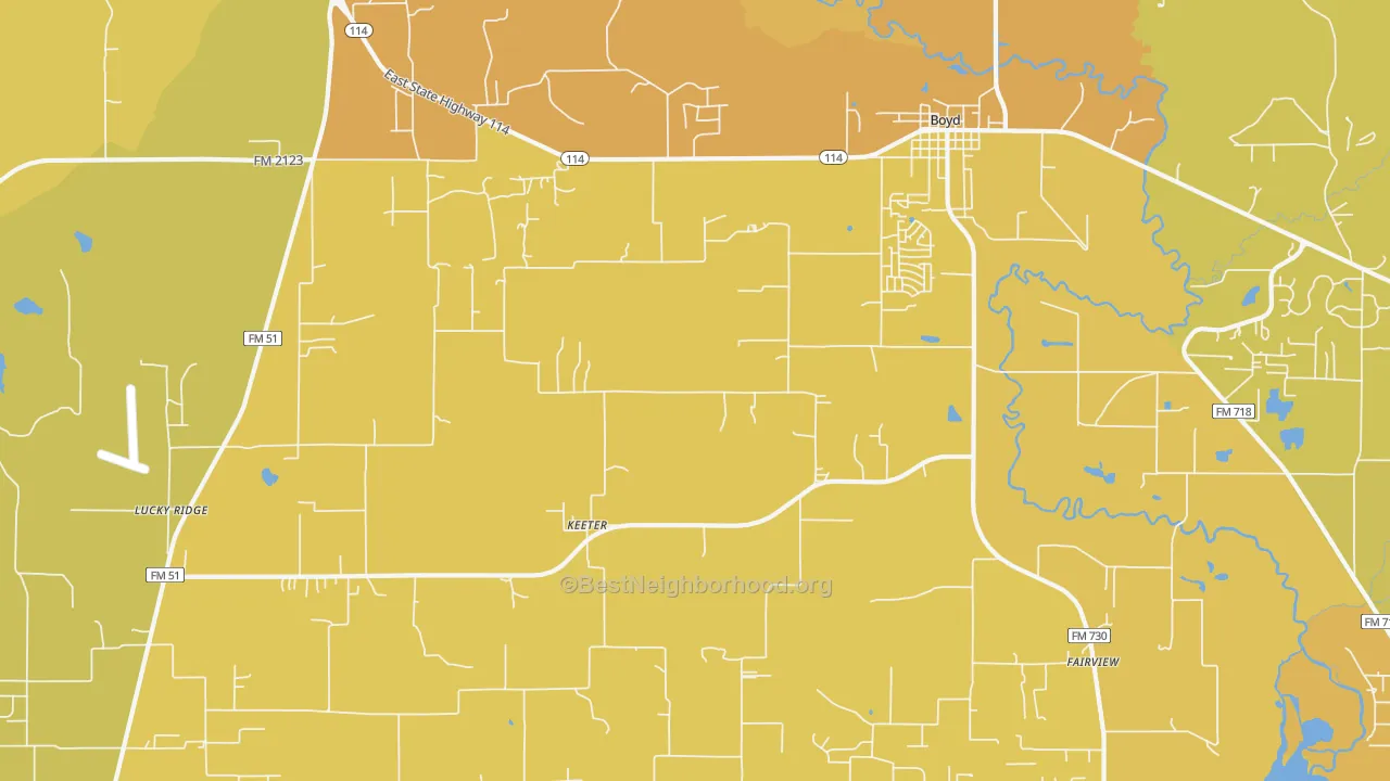 Map of the best neighborhoods in the 76023 area, with better matches in green and worse matches in red