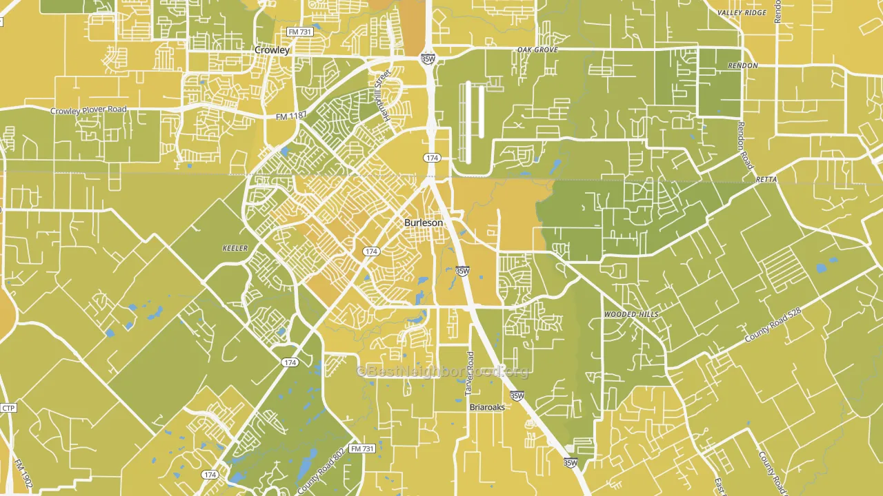 Map of the best neighborhoods in the 76028 area, with better matches in green and worse matches in red