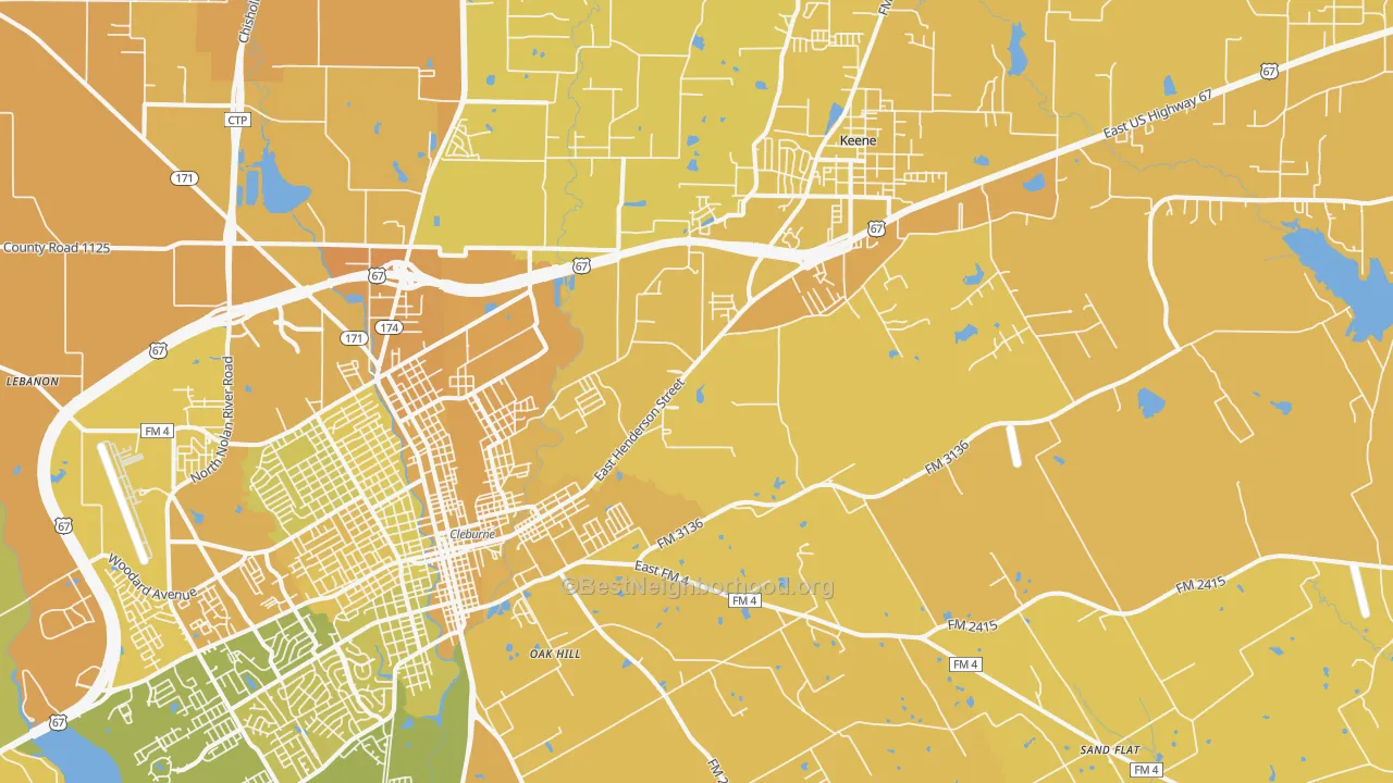 Map of the best neighborhoods in the 76031 area, with better matches in green and worse matches in red