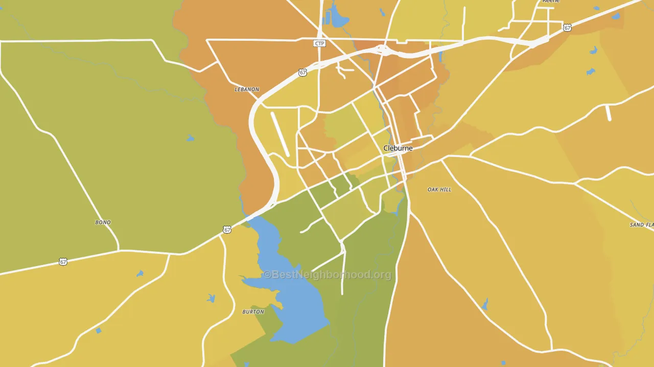 Map of the best neighborhoods in the 76033 area, with better matches in green and worse matches in red