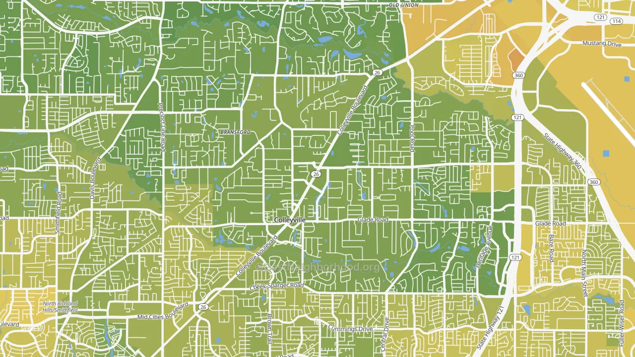 Map of the best neighborhoods in the 76034 area, with better matches in green and worse matches in red