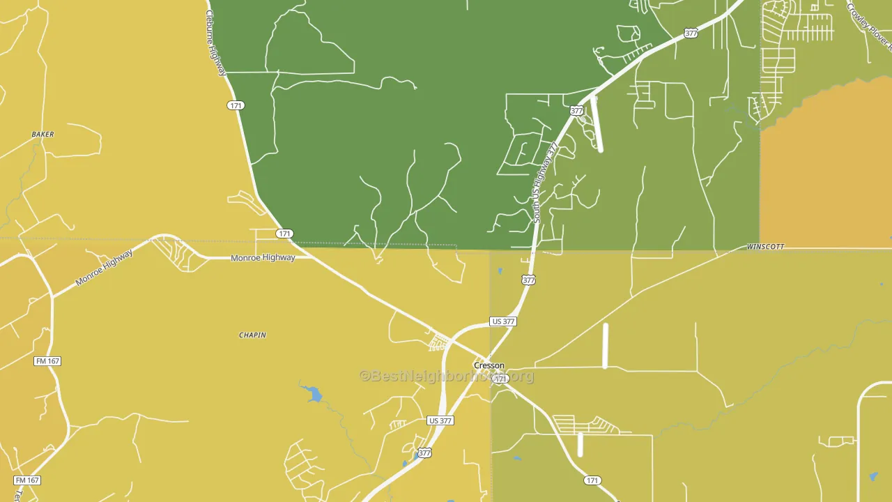 Map of the best neighborhoods in the 76035 area, with better matches in green and worse matches in red