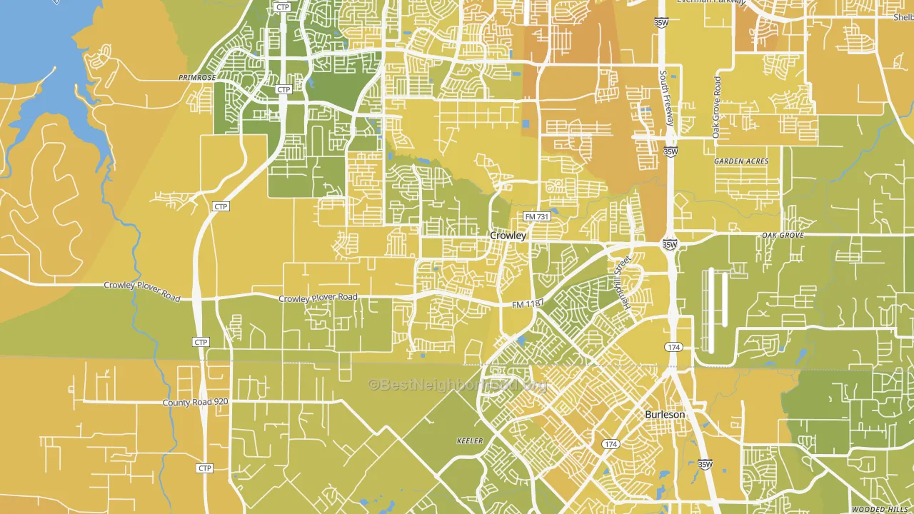 Map of the best neighborhoods in the 76036 area, with better matches in green and worse matches in red